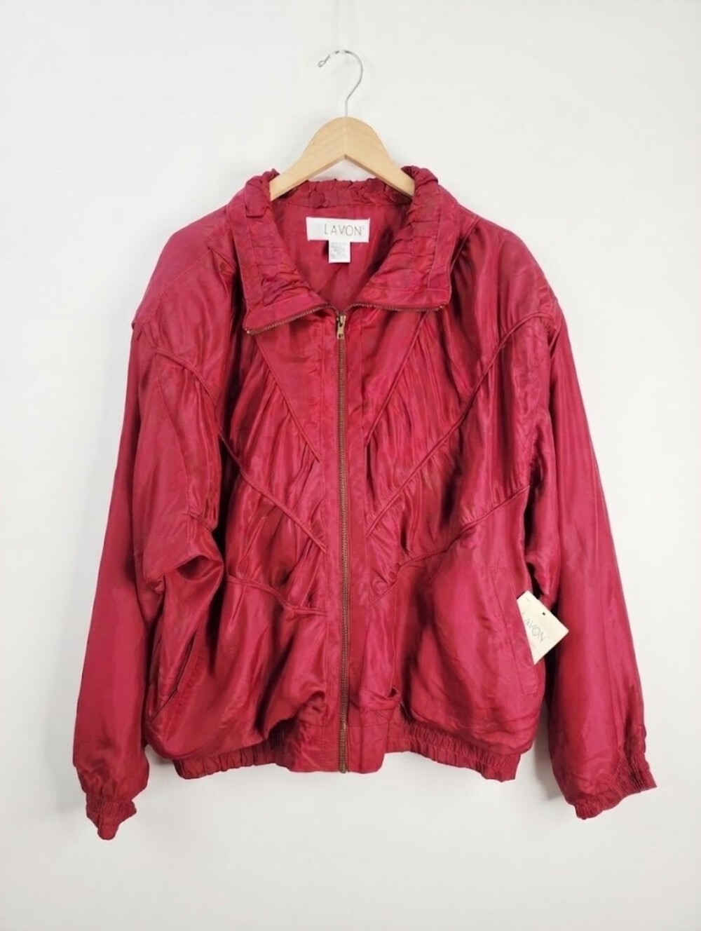 Vintage LAvon Women's Deep Red Quilted Silk Zip Bomber Jacket Size XL